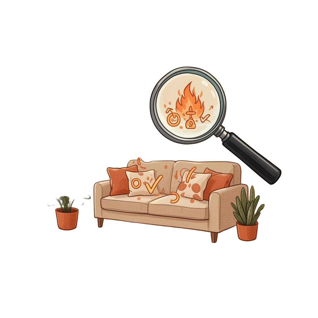 Illustration of a magnifying glass inspecting a cozy living room for listing improvements